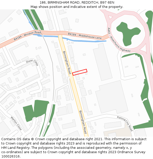 186, BIRMINGHAM ROAD, REDDITCH, B97 6EN: Location map and indicative extent of plot
