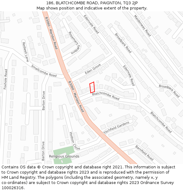 186, BLATCHCOMBE ROAD, PAIGNTON, TQ3 2JP: Location map and indicative extent of plot