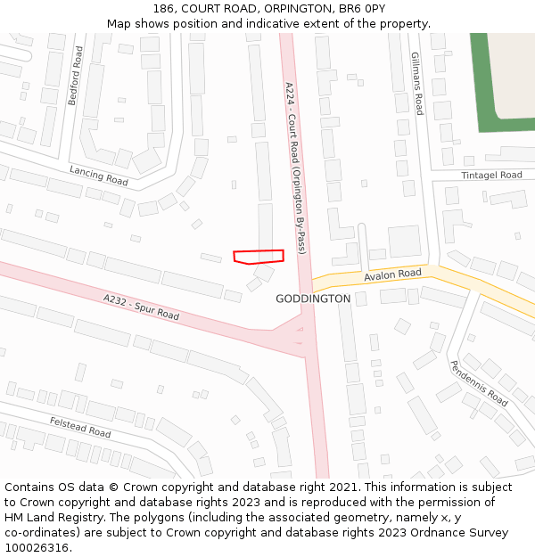 186, COURT ROAD, ORPINGTON, BR6 0PY: Location map and indicative extent of plot