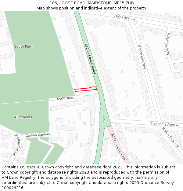 186, LOOSE ROAD, MAIDSTONE, ME15 7UD: Location map and indicative extent of plot