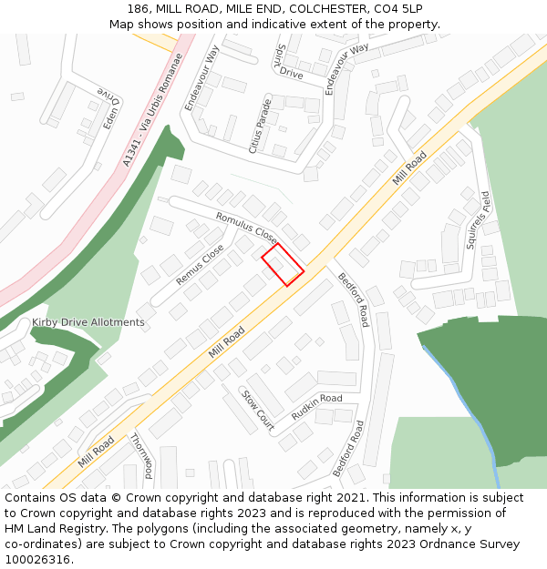 186, MILL ROAD, MILE END, COLCHESTER, CO4 5LP: Location map and indicative extent of plot