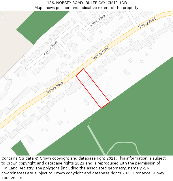 186, NORSEY ROAD, BILLERICAY, CM11 1DB: Location map and indicative extent of plot