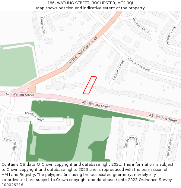186, WATLING STREET, ROCHESTER, ME2 3QL: Location map and indicative extent of plot