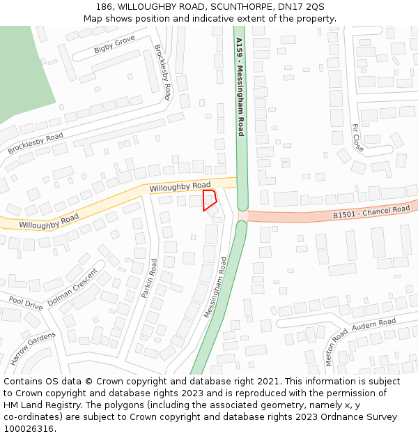 186, WILLOUGHBY ROAD, SCUNTHORPE, DN17 2QS: Location map and indicative extent of plot