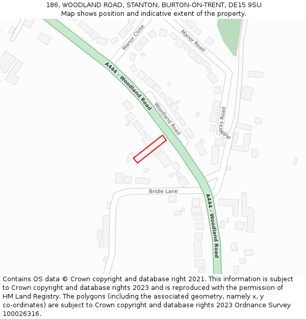 186, WOODLAND ROAD, STANTON, BURTON-ON-TRENT, DE15 9SU: Location map and indicative extent of plot
