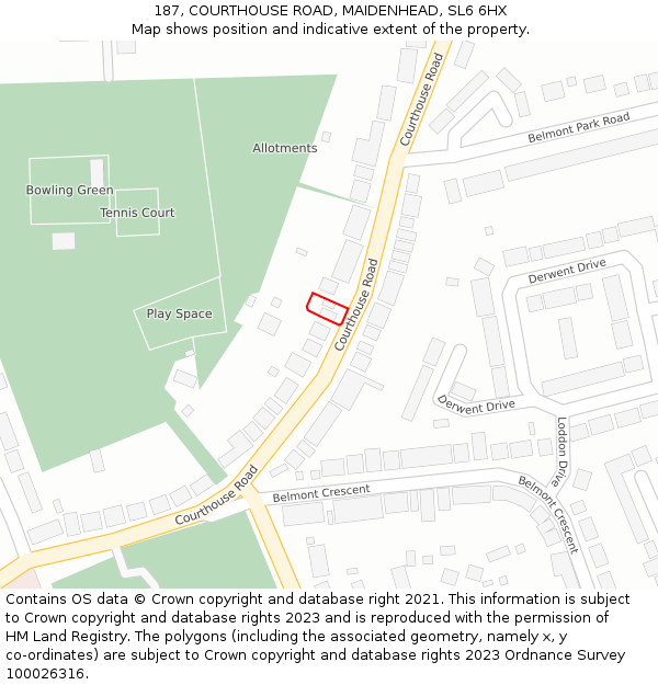 187, COURTHOUSE ROAD, MAIDENHEAD, SL6 6HX: Location map and indicative extent of plot