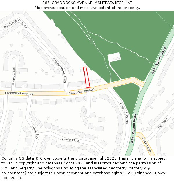 187, CRADDOCKS AVENUE, ASHTEAD, KT21 1NT: Location map and indicative extent of plot