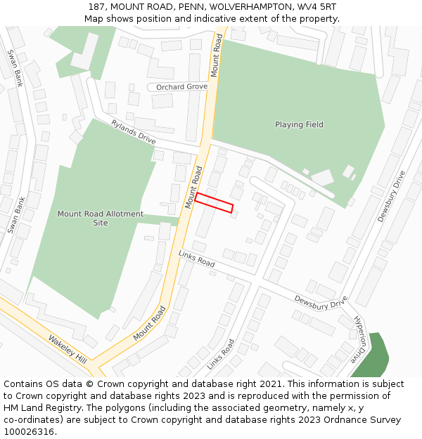 187, MOUNT ROAD, PENN, WOLVERHAMPTON, WV4 5RT: Location map and indicative extent of plot