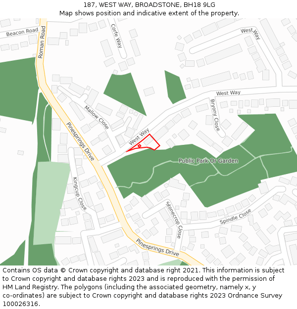 187, WEST WAY, BROADSTONE, BH18 9LG: Location map and indicative extent of plot