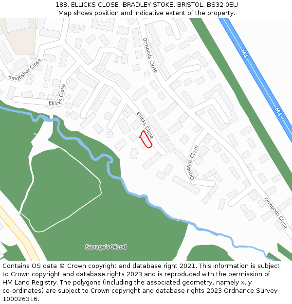 188, ELLICKS CLOSE, BRADLEY STOKE, BRISTOL, BS32 0EU: Location map and indicative extent of plot