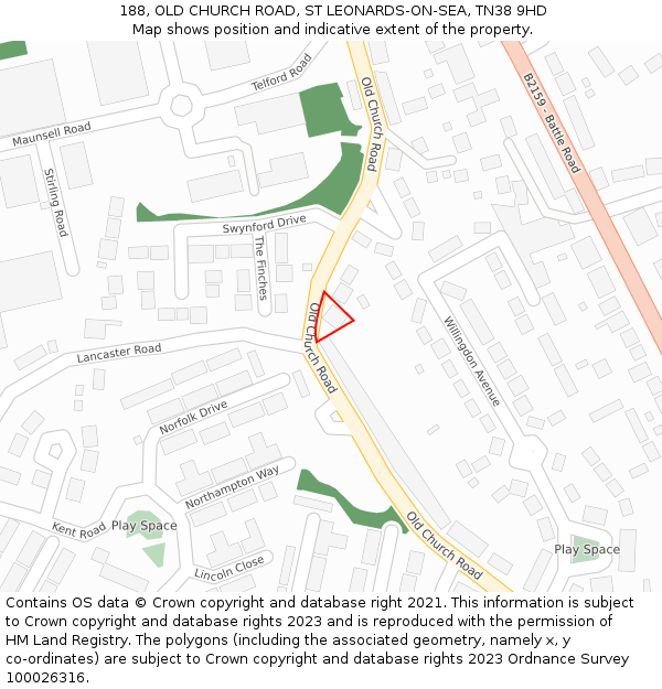 188, OLD CHURCH ROAD, ST LEONARDS-ON-SEA, TN38 9HD: Location map and indicative extent of plot