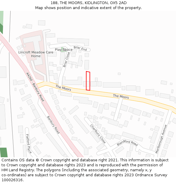 188, THE MOORS, KIDLINGTON, OX5 2AD: Location map and indicative extent of plot