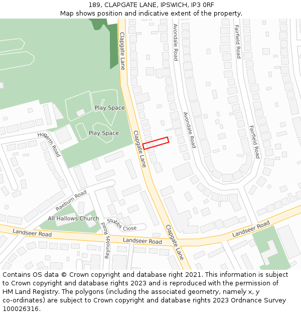 189, CLAPGATE LANE, IPSWICH, IP3 0RF: Location map and indicative extent of plot