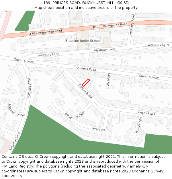 189, PRINCES ROAD, BUCKHURST HILL, IG9 5DJ: Location map and indicative extent of plot