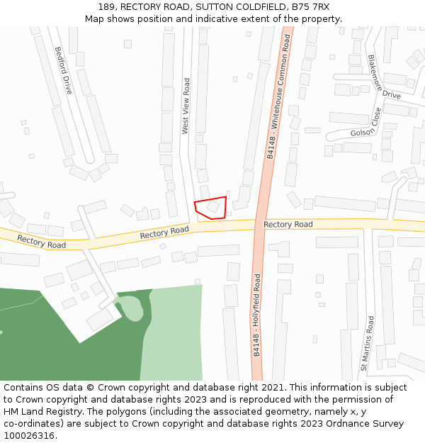 189, RECTORY ROAD, SUTTON COLDFIELD, B75 7RX: Location map and indicative extent of plot