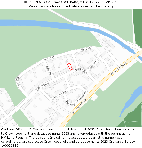 189, SELKIRK DRIVE, OAKRIDGE PARK, MILTON KEYNES, MK14 6FH: Location map and indicative extent of plot