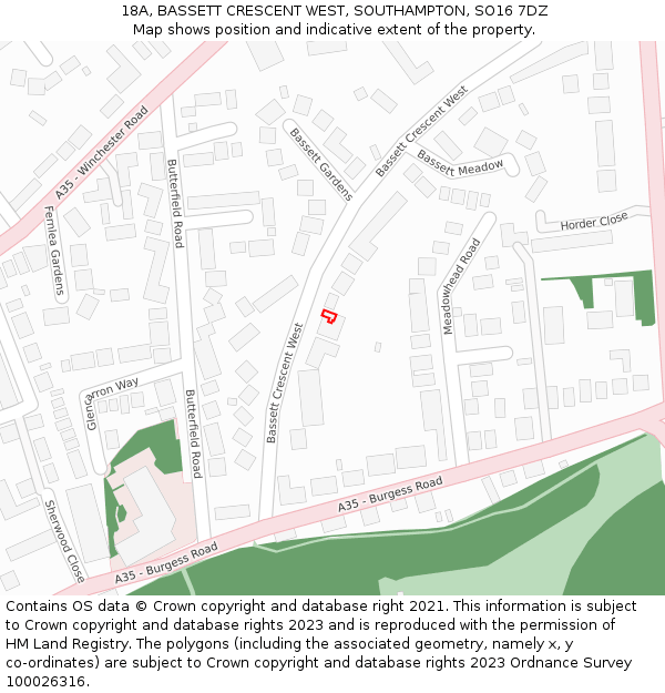 18A, BASSETT CRESCENT WEST, SOUTHAMPTON, SO16 7DZ: Location map and indicative extent of plot
