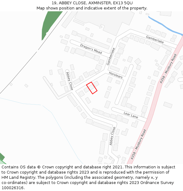 19, ABBEY CLOSE, AXMINSTER, EX13 5QU: Location map and indicative extent of plot