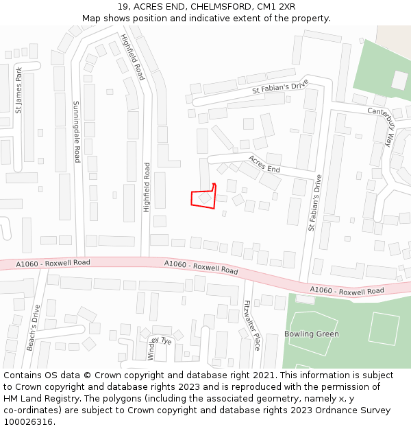 19, ACRES END, CHELMSFORD, CM1 2XR: Location map and indicative extent of plot