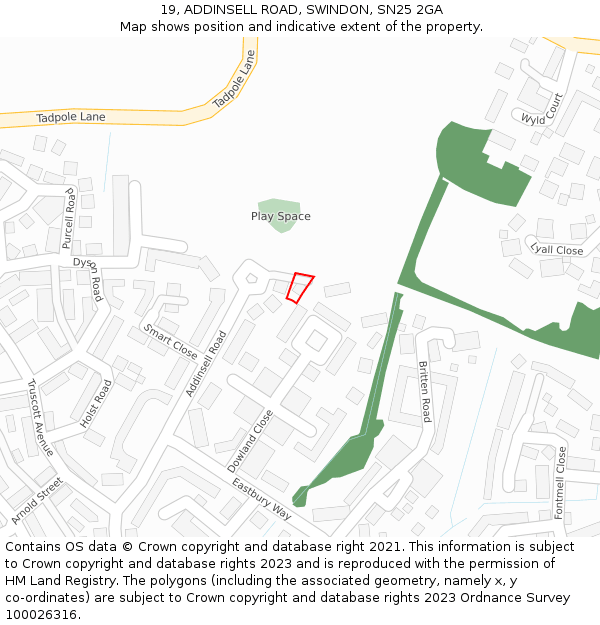 19, ADDINSELL ROAD, SWINDON, SN25 2GA: Location map and indicative extent of plot