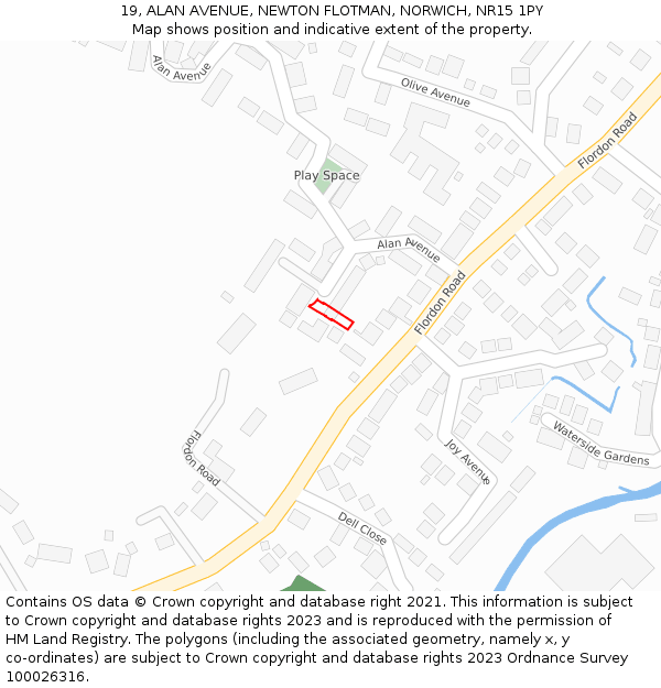 19, ALAN AVENUE, NEWTON FLOTMAN, NORWICH, NR15 1PY: Location map and indicative extent of plot