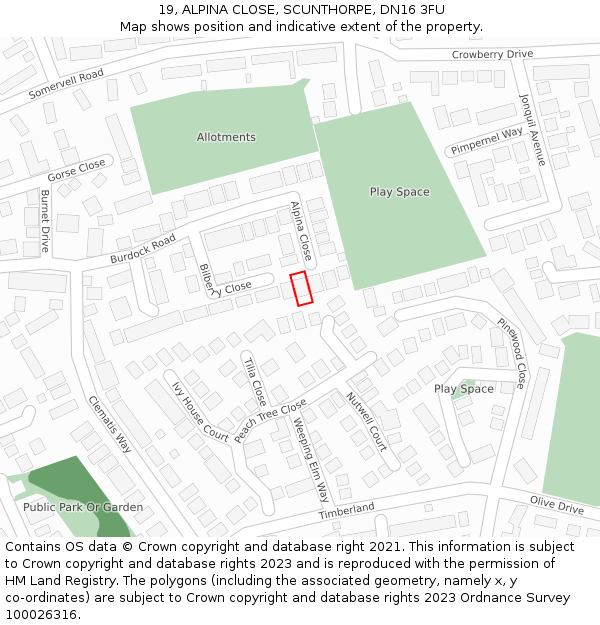 19, ALPINA CLOSE, SCUNTHORPE, DN16 3FU: Location map and indicative extent of plot