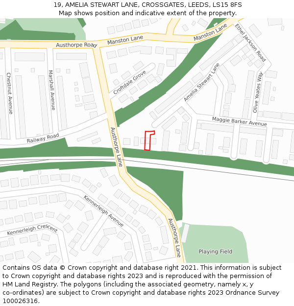 19, AMELIA STEWART LANE, CROSSGATES, LEEDS, LS15 8FS: Location map and indicative extent of plot