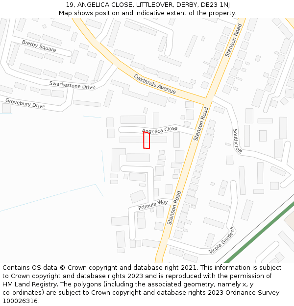 19, ANGELICA CLOSE, LITTLEOVER, DERBY, DE23 1NJ: Location map and indicative extent of plot
