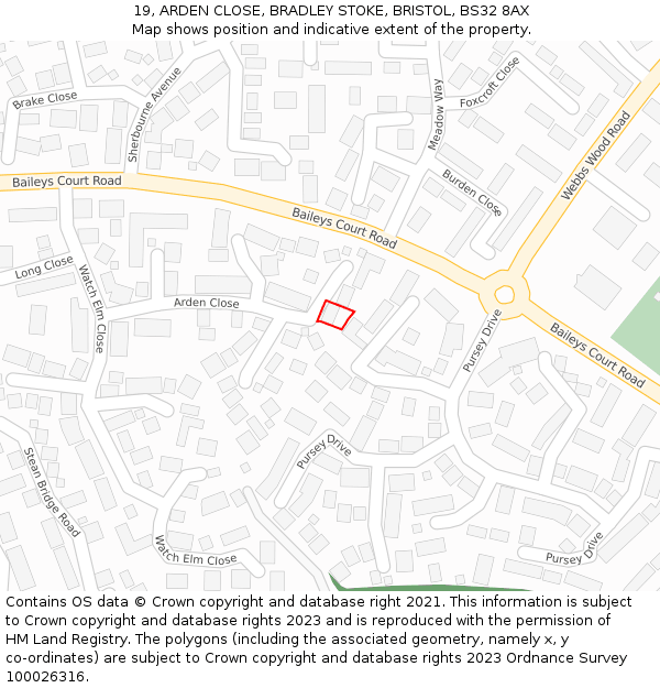 19, ARDEN CLOSE, BRADLEY STOKE, BRISTOL, BS32 8AX: Location map and indicative extent of plot