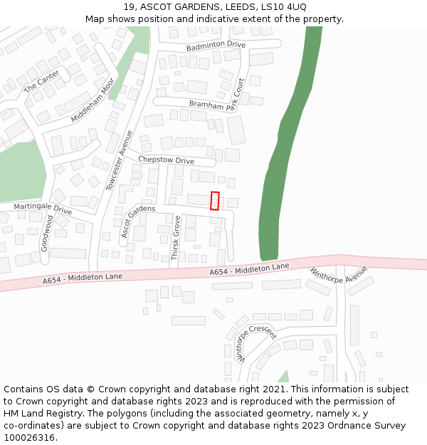 19, ASCOT GARDENS, LEEDS, LS10 4UQ: Location map and indicative extent of plot