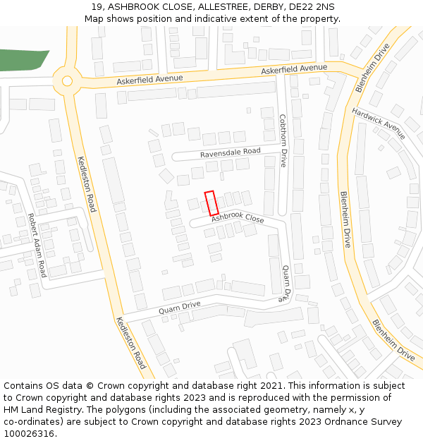 19, ASHBROOK CLOSE, ALLESTREE, DERBY, DE22 2NS: Location map and indicative extent of plot