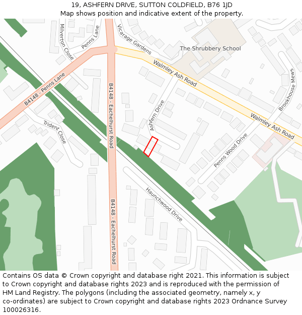 19, ASHFERN DRIVE, SUTTON COLDFIELD, B76 1JD: Location map and indicative extent of plot