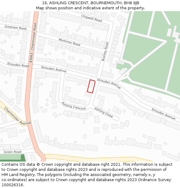19, ASHLING CRESCENT, BOURNEMOUTH, BH8 9JB: Location map and indicative extent of plot