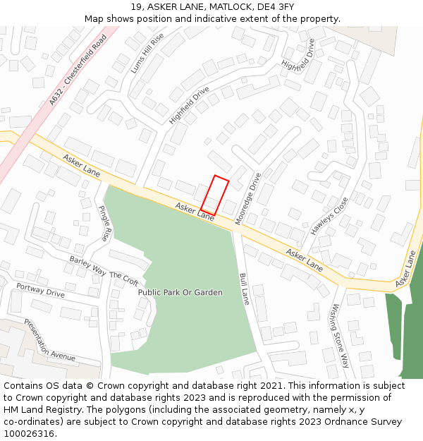 19, ASKER LANE, MATLOCK, DE4 3FY: Location map and indicative extent of plot