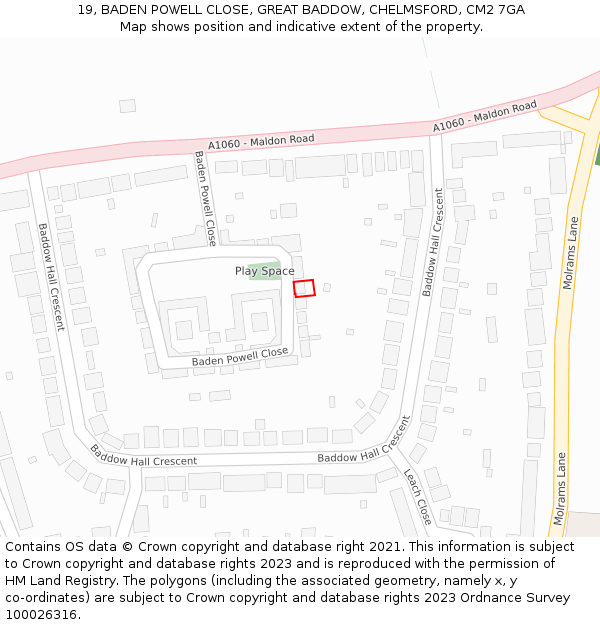 19, BADEN POWELL CLOSE, GREAT BADDOW, CHELMSFORD, CM2 7GA: Location map and indicative extent of plot