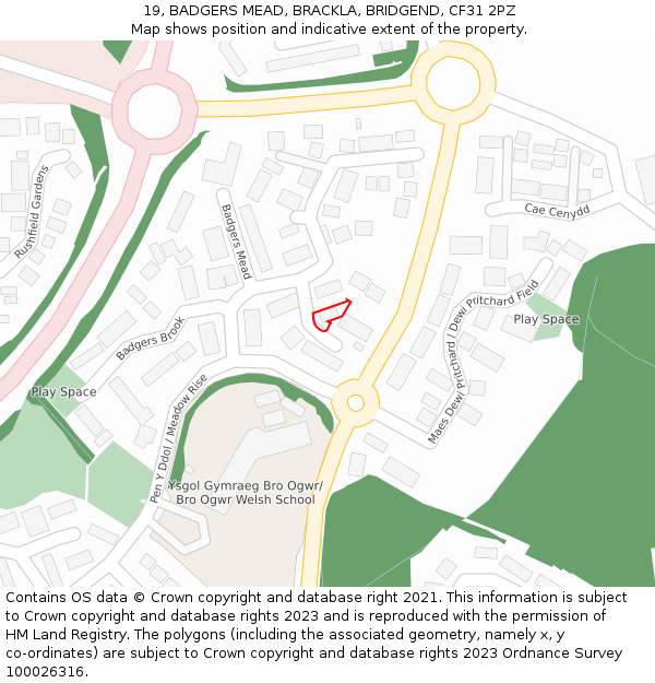 19, BADGERS MEAD, BRACKLA, BRIDGEND, CF31 2PZ: Location map and indicative extent of plot