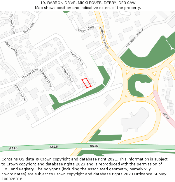 19, BARBON DRIVE, MICKLEOVER, DERBY, DE3 0AW: Location map and indicative extent of plot