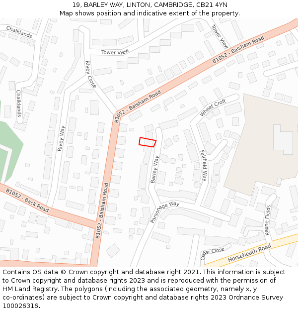 19, BARLEY WAY, LINTON, CAMBRIDGE, CB21 4YN: Location map and indicative extent of plot
