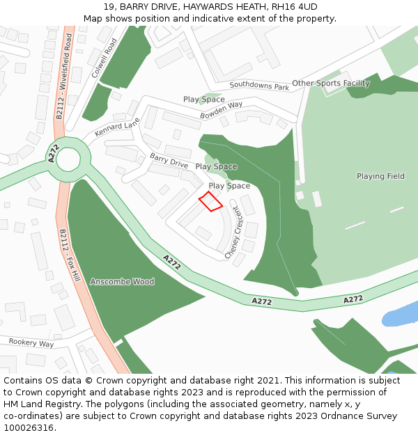 19, BARRY DRIVE, HAYWARDS HEATH, RH16 4UD: Location map and indicative extent of plot