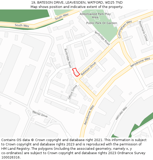 19, BATESON DRIVE, LEAVESDEN, WATFORD, WD25 7ND: Location map and indicative extent of plot