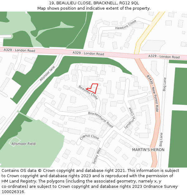 19, BEAULIEU CLOSE, BRACKNELL, RG12 9QL: Location map and indicative extent of plot