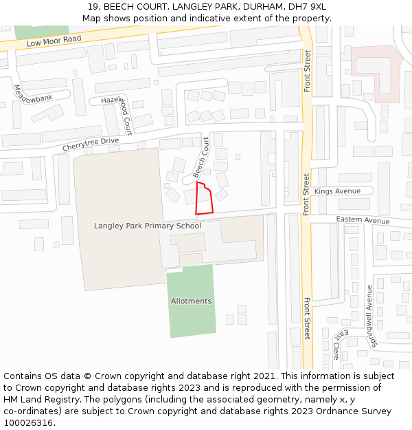 19, BEECH COURT, LANGLEY PARK, DURHAM, DH7 9XL: Location map and indicative extent of plot
