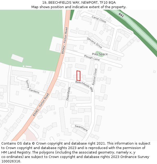 19, BEECHFIELDS WAY, NEWPORT, TF10 8QA: Location map and indicative extent of plot
