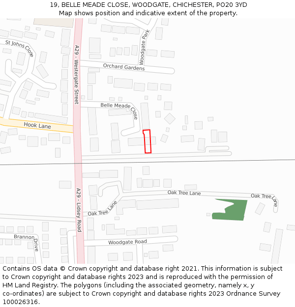 19, BELLE MEADE CLOSE, WOODGATE, CHICHESTER, PO20 3YD: Location map and indicative extent of plot