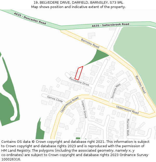 19, BELVEDERE DRIVE, DARFIELD, BARNSLEY, S73 9RL: Location map and indicative extent of plot