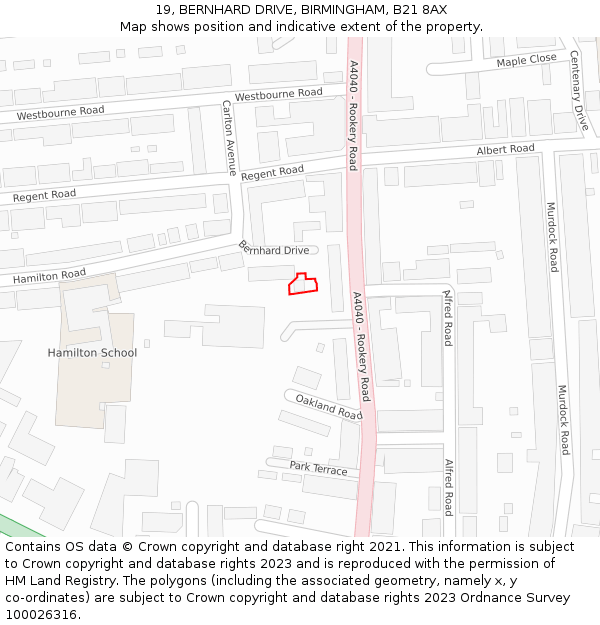 19, BERNHARD DRIVE, BIRMINGHAM, B21 8AX: Location map and indicative extent of plot