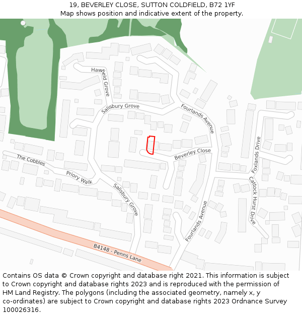 19, BEVERLEY CLOSE, SUTTON COLDFIELD, B72 1YF: Location map and indicative extent of plot