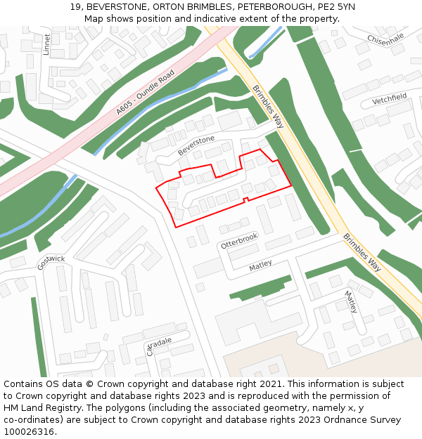 19, BEVERSTONE, ORTON BRIMBLES, PETERBOROUGH, PE2 5YN: Location map and indicative extent of plot