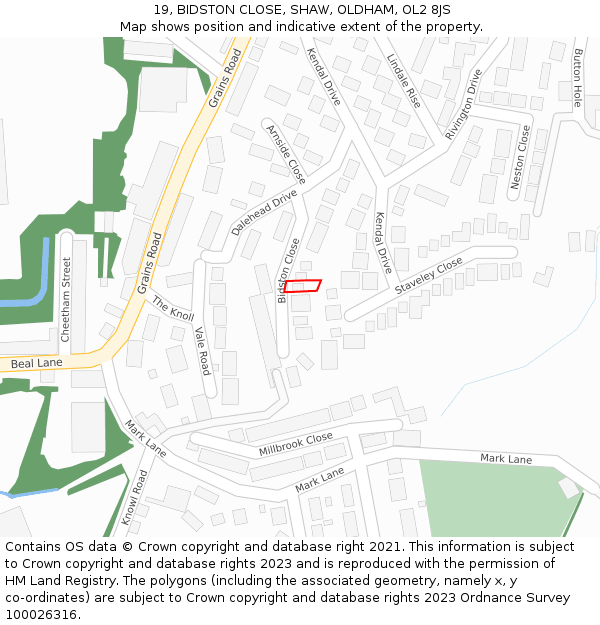 19, BIDSTON CLOSE, SHAW, OLDHAM, OL2 8JS: Location map and indicative extent of plot