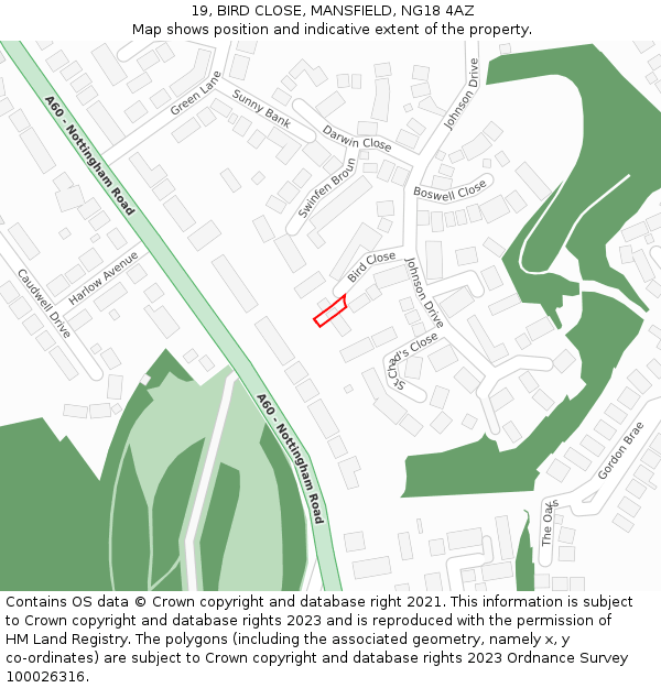 19, BIRD CLOSE, MANSFIELD, NG18 4AZ: Location map and indicative extent of plot